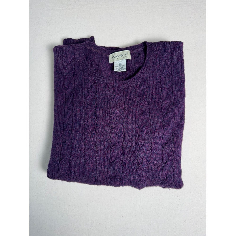 Eddie‎ Bauer Sweater Mens XL Purple 100% Shetland Wool Cable Knit Crewneck - Picture 4 of 6